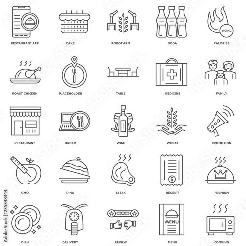 25 linear icons related to Cooking, Menu, Review, Delivery, Dish