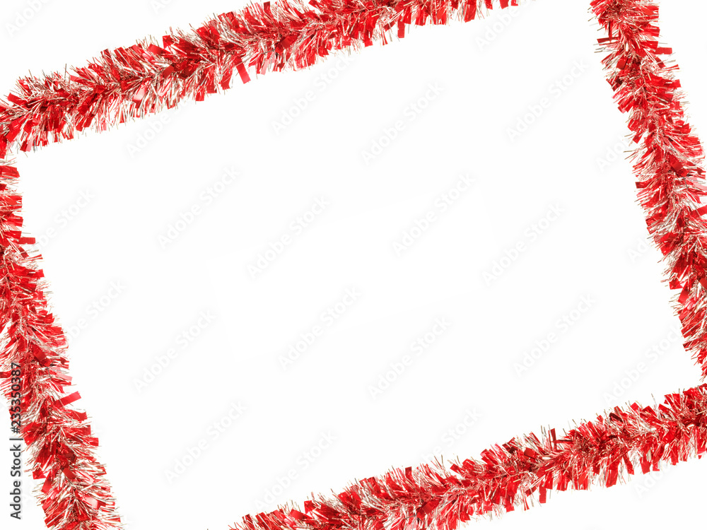 Red and silver tinsel frame isolated on white Red and silver tinsel frame isolated on white