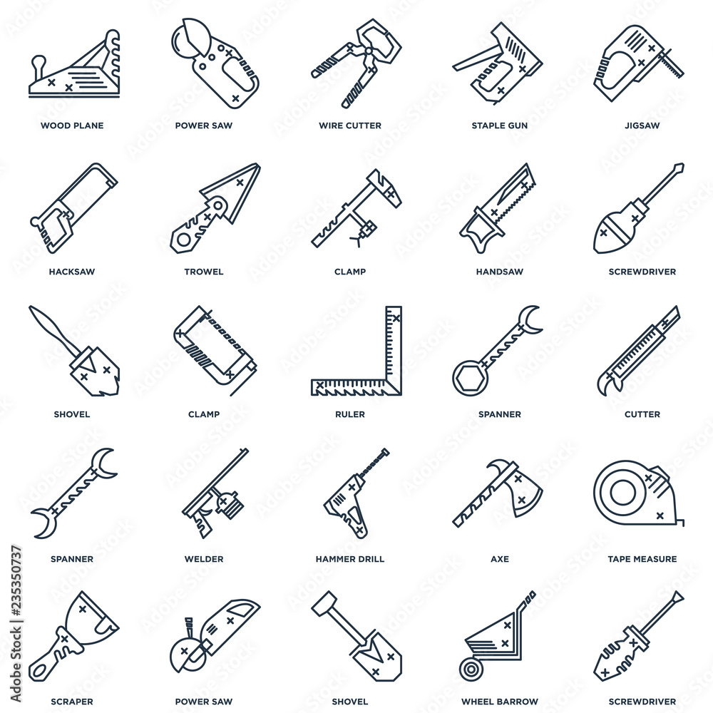 Set Of 25 outline icons such as Screwdriver, Wheel barrow, Shove Set Of 25 outline icons such as Screwdriver, Wheel barrow, Shove