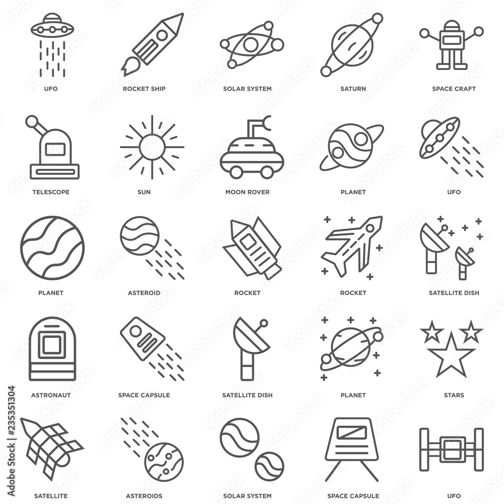 25 linear icons related to Ufo, Satellite dish, Rocket ship, Sat