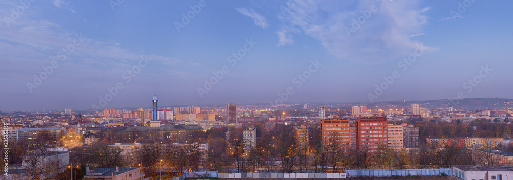 Extra wide panorama Ostrava city in the morning. View from Bazaly. Czech Republic