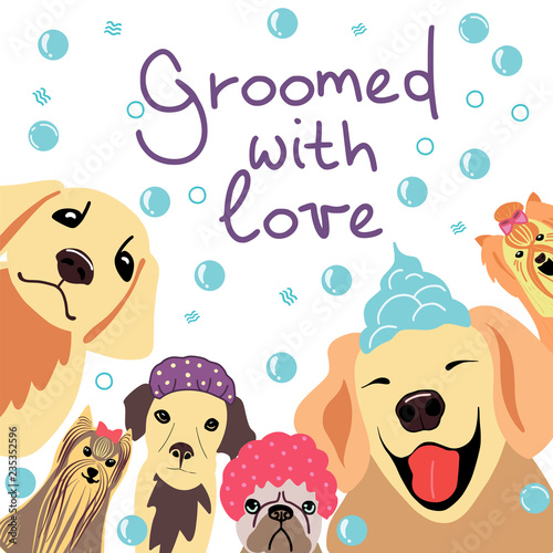 Canvas Print raster  image with happy dogs and hand drawn phrase Groomed with love