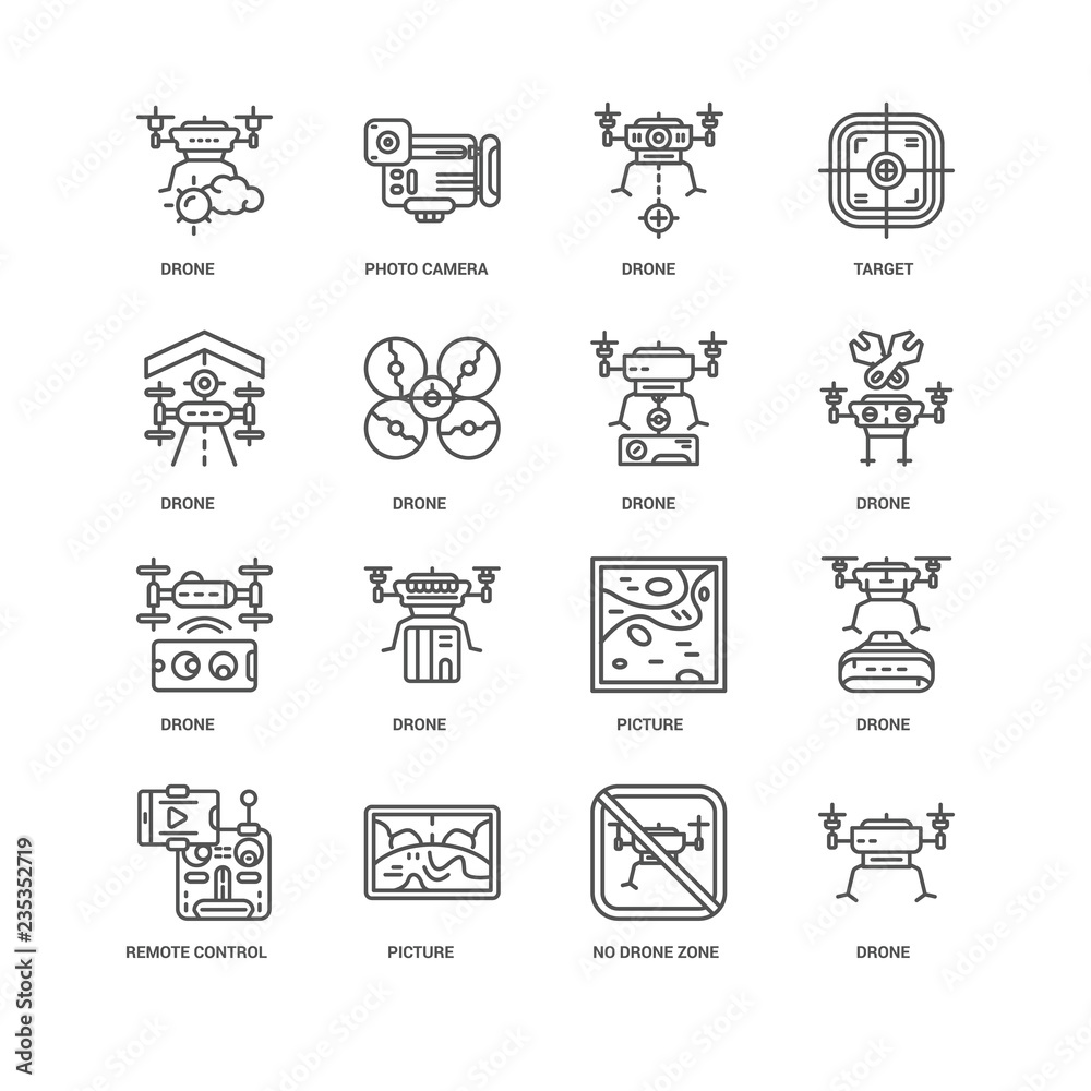 Naklejka premium Simple Set of 16 Vector Line Icon. Contains such Icons as Drone,