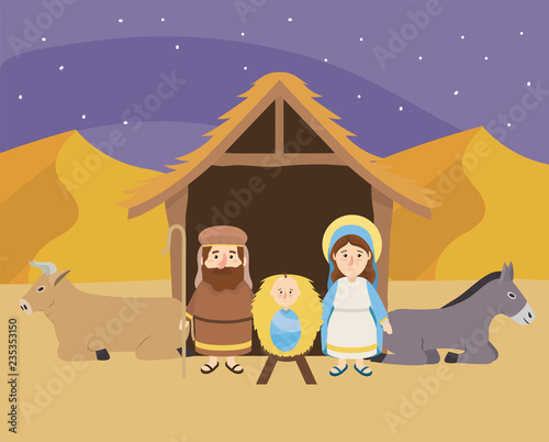 jesus between mary and joseph with donkey and mule