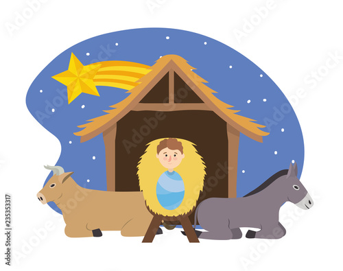 jesus between donkey and mule in the manger with star