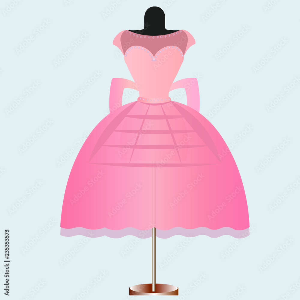 Pink birthday party dress with bow. Fashion illustration for invitation card Pink birthday party dress with bow. Fashion illustration for invitation card