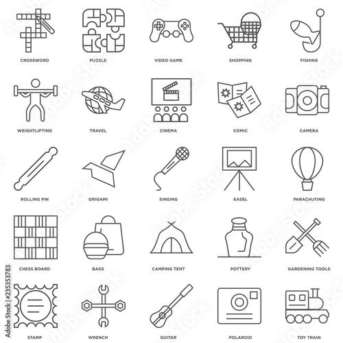 25 linear icons related to Toy train, Parachuting, Camera, Puzzl photo