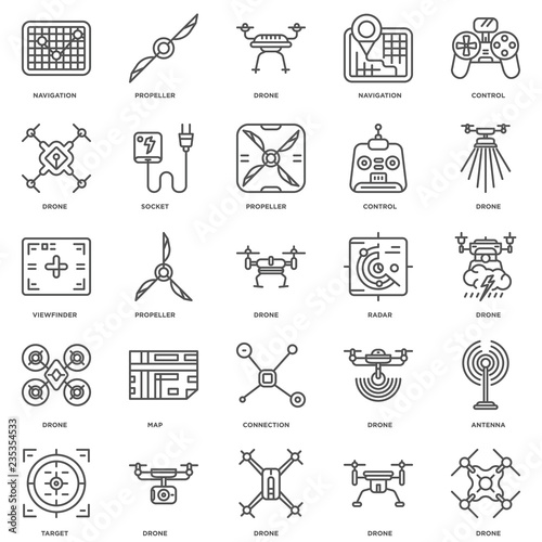 Simple Set of 25 Vector Line Icon. Contains such Icons as drone,