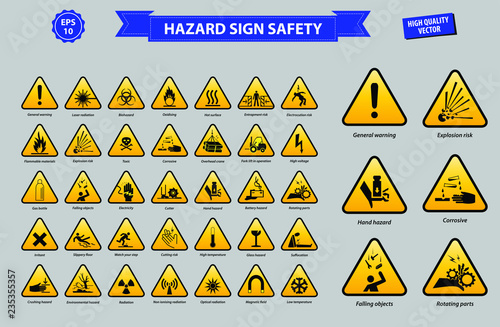 set of hazard sign safety (general warning, laser radiation, biohazard, oxidising, flammable materials, explotion risk, toxic, corrosive, high voltage, battery hazard, cutter, high temperature)
