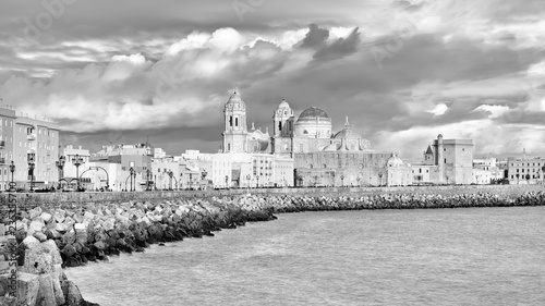 Cathedral from Southern Field Cadiz Spain Black and White