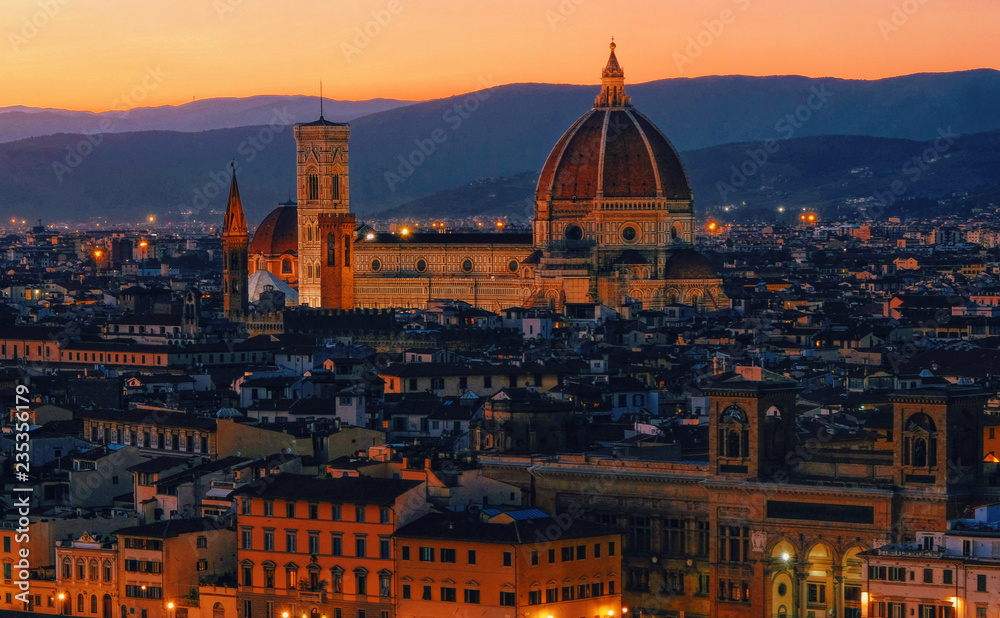 Sunset view of Florence, Palazzo Vecchio and Florence Duomo, Italy. Architecture and landmark of Florence. Night cityscape of Florence