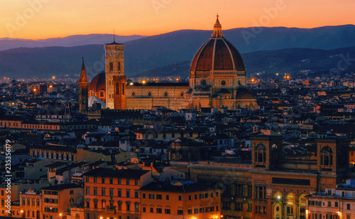 Sunset view of Florence, Palazzo Vecchio and Florence Duomo, Italy. Architecture and landmark of Florence. Night cityscape of Florence