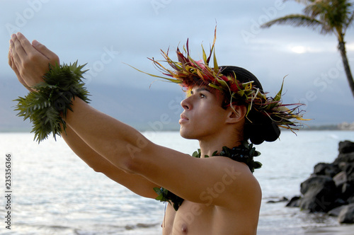 Εκτύπωση καμβά Male Hula Dance performs on the beach with expressive hand movements
