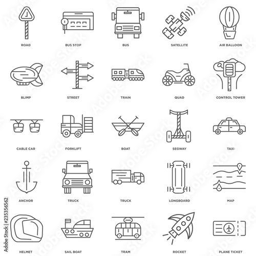 25 linear icons related to Plane ticket, Rocket, Tram, Sail boat