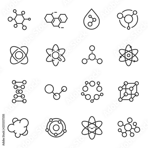 Atoms and molecules icon set. chemical structures, linear icons. Line with editable stroke