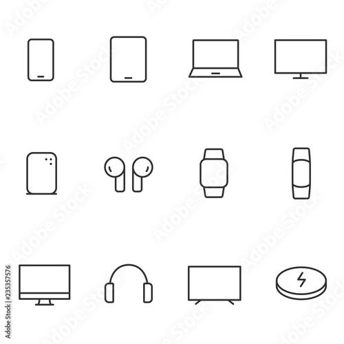 Devices icon set. Gadgets, linear icons. Smartphone, wireless headphones, speaker, smart bracelet,.charging station, etc. Line with editable stroke