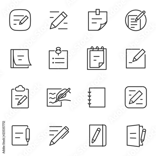 Notepad, icon set. Write a note, linear icons. Line with editable stroke