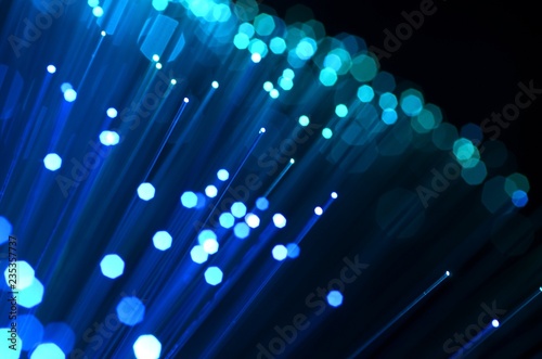 Fiber optics in blue, close up with bokeh