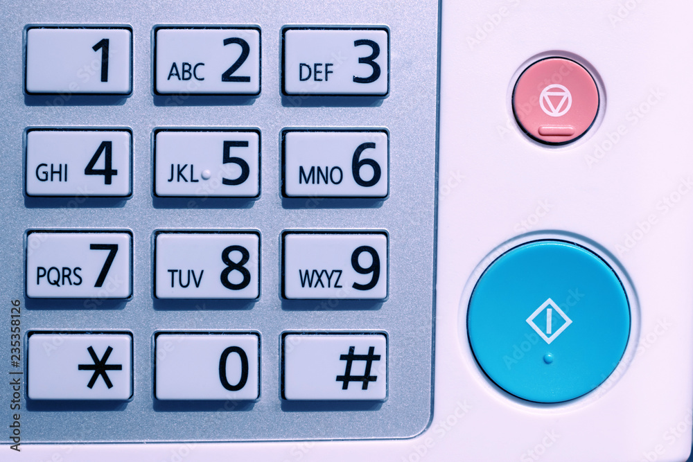Control panel of office device, fax machine, printer,copy machine, etc. Concept of document processing, office work automatization Control panel of office device, fax machine, printer,copy machine, etc. Concept of document processing, office work automatization