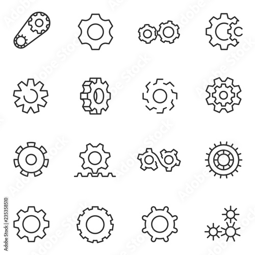 gear, icon set. gears, gearwheel mechanism, linear icons. Line with editable stroke