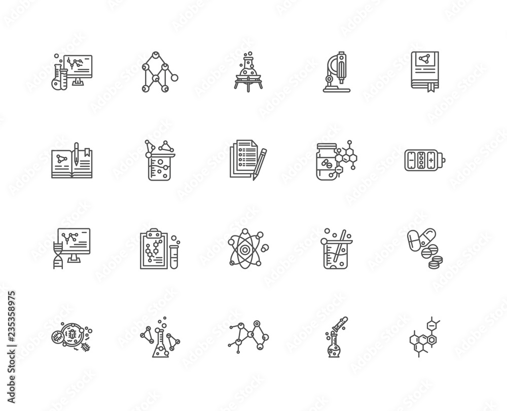 Simple Set of 20 Vector Line Icon. Contains such Icons as Chemis
