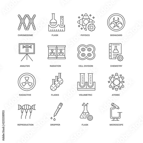 16 linear icons related to Microscope, Radiation, Chromosome, un