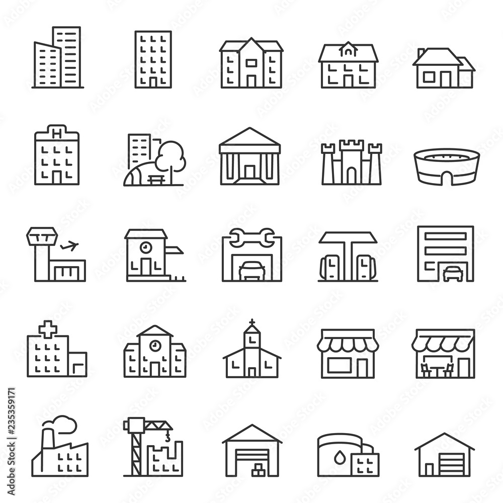 Buildings, icon set. Various city edifices, houses. linear icons. Line with editable stroke - obrazy, fototapety, plakaty 