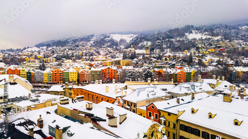 Aerial view of Innsbruck, Austria during the winter morning, with snow