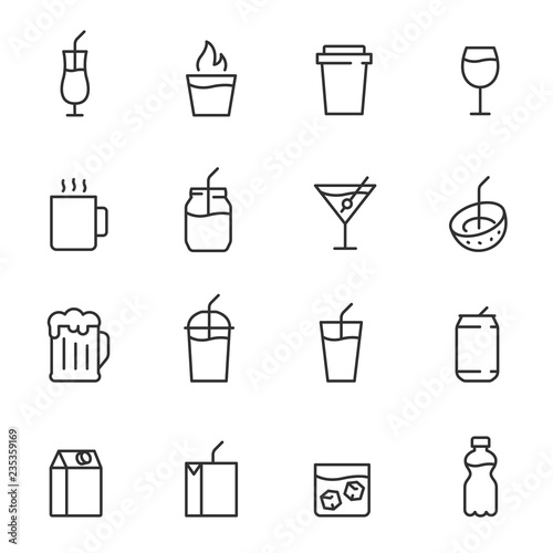 Drinks, icon set. cocktail, shot, coffee, juice, beer, soda and others, linear icons. Line with editable stroke