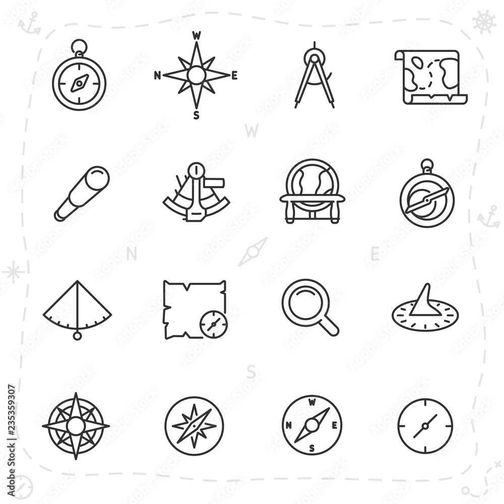 Fototapeta premium vintage navigation and measuring devices for seafarer, icon set. compass, astrolabe, sextant and others, linear icons. Line with editable stroke