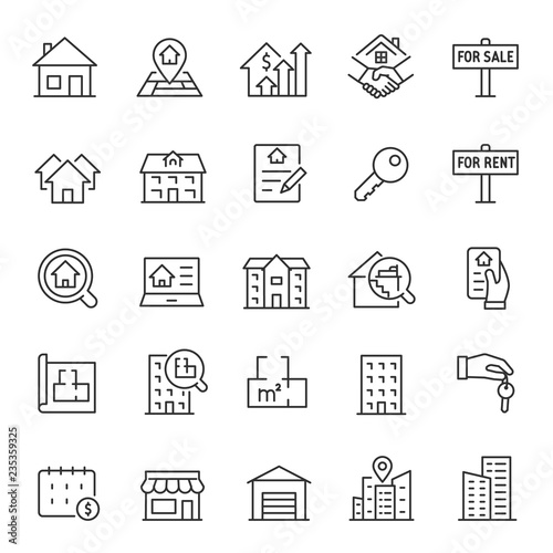 Real estate, icon set. Purchase and sale of housing, rental of premises, linear icons. Line with editable stroke photo