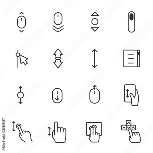 scrolling, icon set. scroll up and down, linear icons. Line with editable stroke