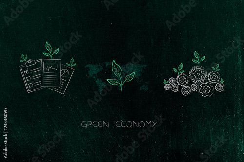 ecology mechanism with leaves growing on gearwheels with green business documents and leaves icon on wordl map in between