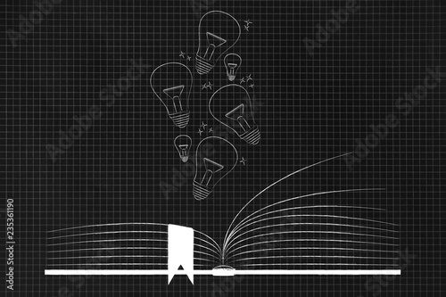 open book with ideas lightbulbs flying out of it