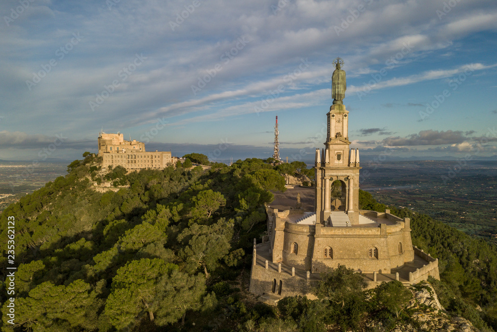 Aerial view of the statue of Christ and the Sant Salvador sanctuary, Mallorca