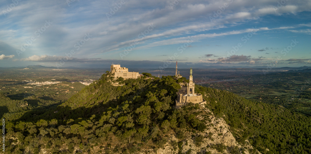Aerial view of the statue of Christ and the Sant Salvador sanctuary, Mallorca