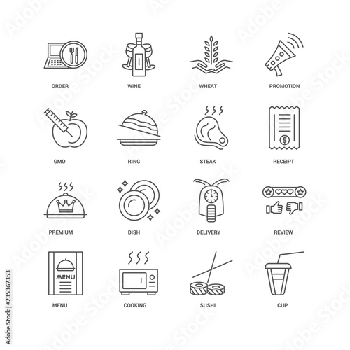 16 linear icons related to Cup, Sushi, Cooking, Menu, Review, Or