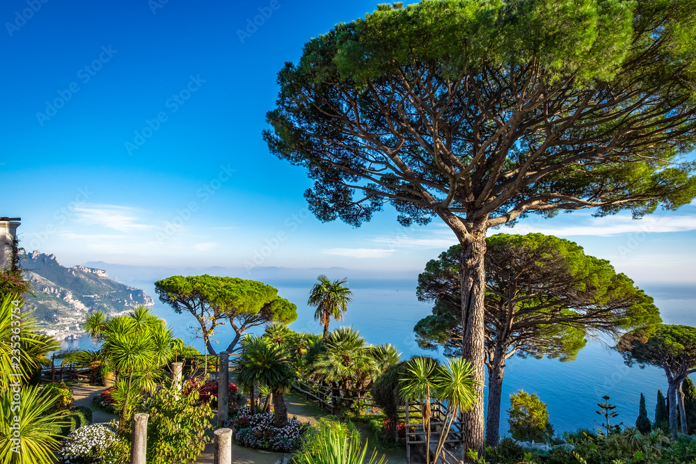 gardens of Villa Rufolo on Amalfi Coast with Gulf of Salerno in Ravello, Italy.