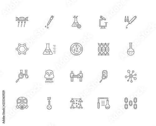20 linear icons related to Bacteria, Laboratory, Biology, Flask,