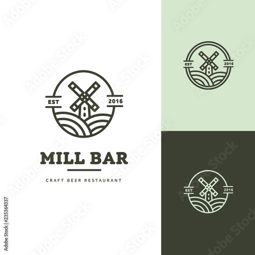 Windmill linear style logo with sweeps as a wheat ears, thin line style, vector
