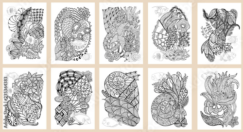 Set of hand drawn pages in zendoodle style for adult coloring book. Abstract marine and floral motifs with coral fishes. photo