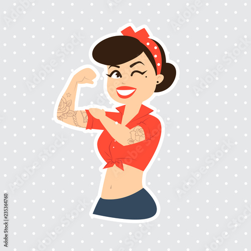 Smiling retro brunette pin-up woman in red shirt, we can do it, sexy strong girl. Classical american symbol of female power, woman rights, protest, feminism.