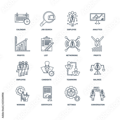 Set Of 16 outline icons such as Conversation, Settings, Certific