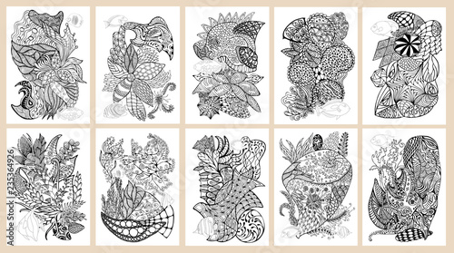 Set of hand drawn pages in zendoodle style for adult coloring book. Abstract marine and floral motifs with coral fishes.