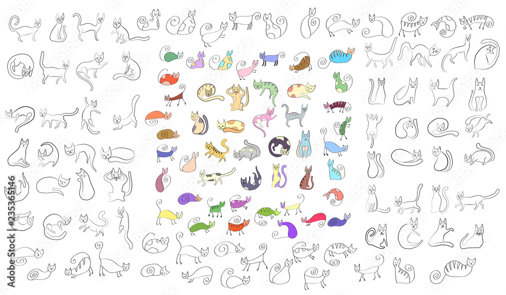 Large set of odd funny colored primitive style cats. doodle style icons. Large set of odd funny colored primitive style cats. doodle style icons.