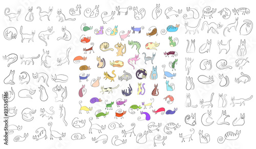 Large set of odd funny colored primitive style cats. doodle style icons.