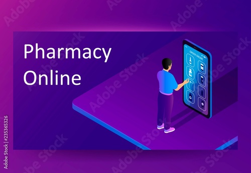 Pharmacy / drugstore online shopping app. Vector banner or poster template in flat cartoon isometric style