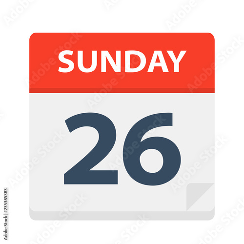 Sunday 26 - Calendar Icon. Vector illustration of week day paper leaf.