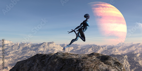 3d illustration of an female extraterrestrial leaping above a mountain top with a large planet and a small moon in the background.