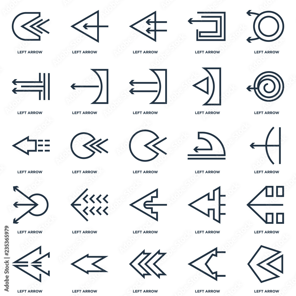 Set Of 25 outline icons such as Left arrow, arrow line icon